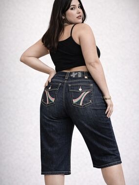 MXM Denim Bermuda Shorts Plus Sz 14 Dark Wash Stretch Rainbow Pocket Detail Y2K